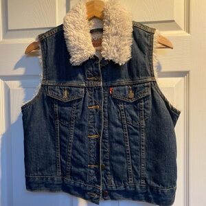 Levi's Blue Jean Vest with White Faux Fur Collar